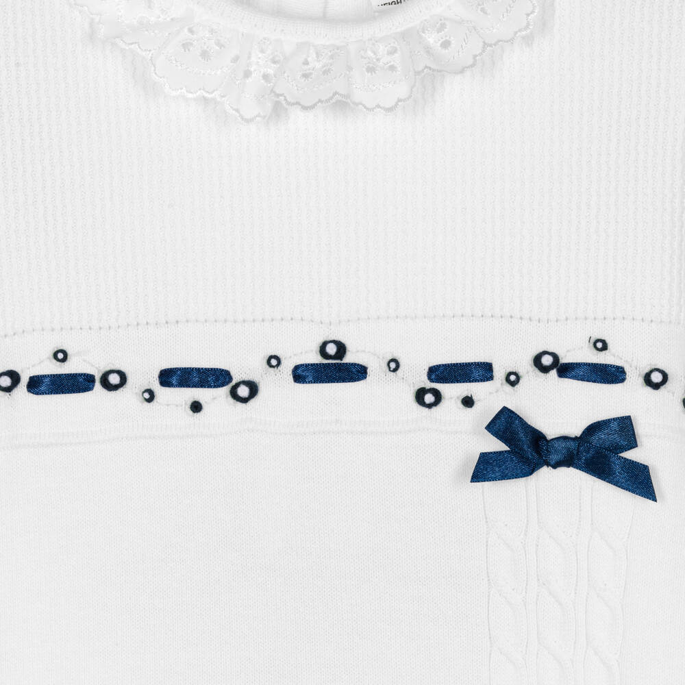 Sarah Louise-Girls White & Blue Cotton Knitted Dress | Childrensalon Outlet