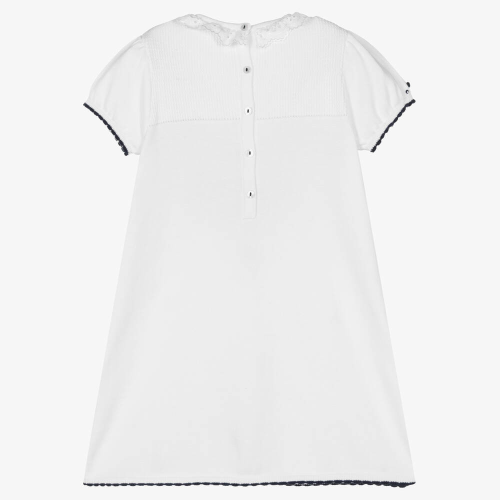 Sarah Louise Girls White Blue Cotton Knitted Dress