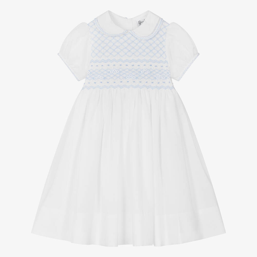 Sarah Louise-Girls White & Blue Hand-Smocked Dress | Childrensalon Outlet