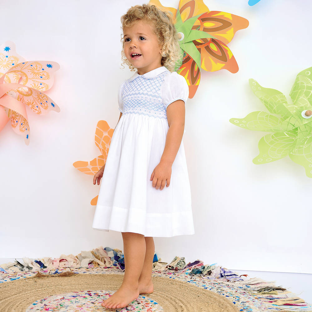 Sarah Louise-Girls White & Blue Hand-Smocked Dress | Childrensalon Outlet