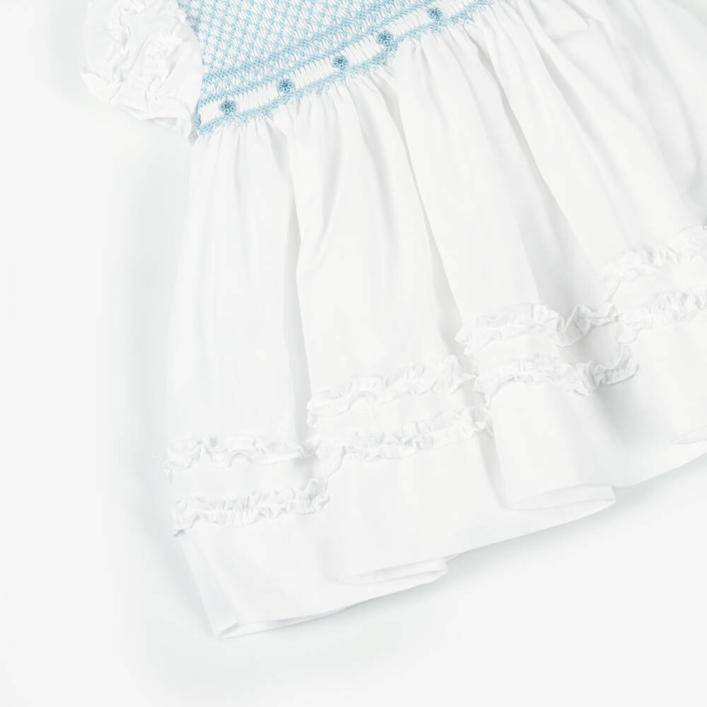 Sarah Louise-Girls White & Blue Hand-Smocked Dress | Childrensalon Outlet