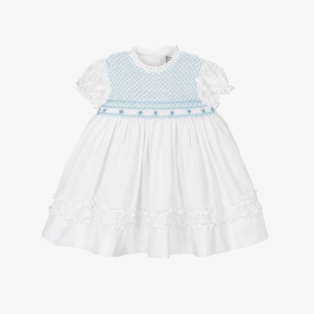 Sarah Louise-Girls White & Blue Hand-Smocked Dress | Childrensalon Outlet