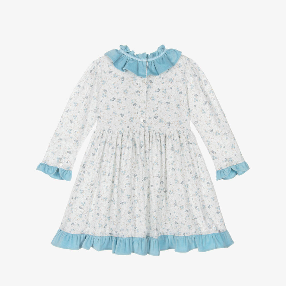 Sarah Louise-Girls White Cotton Floral Dress with Blue Velvet Trims | Childrensalon Outlet