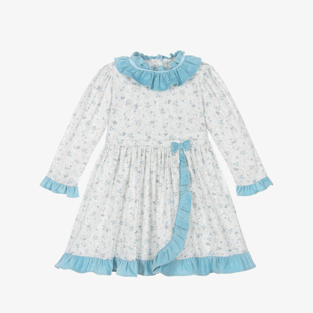 Sarah Louise-Girls White Cotton Floral Dress with Blue Velvet Trims | Childrensalon Outlet
