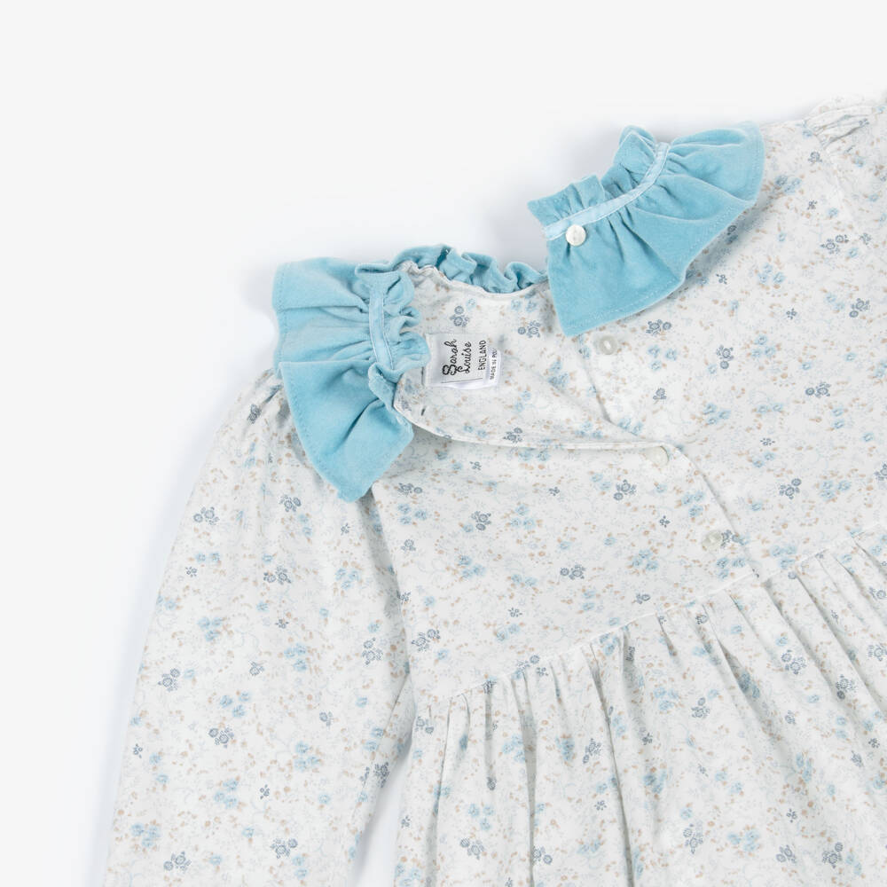 Sarah Louise-Girls White Cotton Floral Dress with Blue Velvet Trims | Childrensalon Outlet