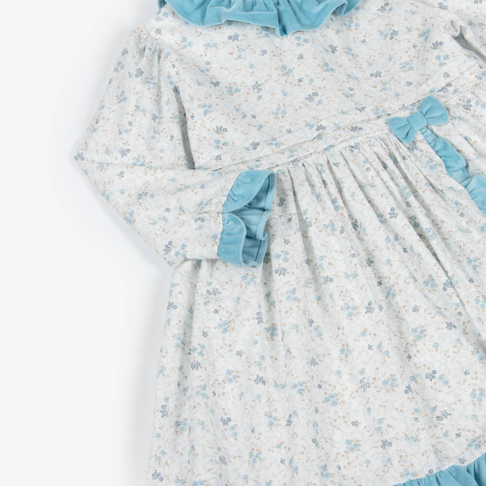 Sarah Louise-Girls White Cotton Floral Dress with Blue Velvet Trims | Childrensalon Outlet