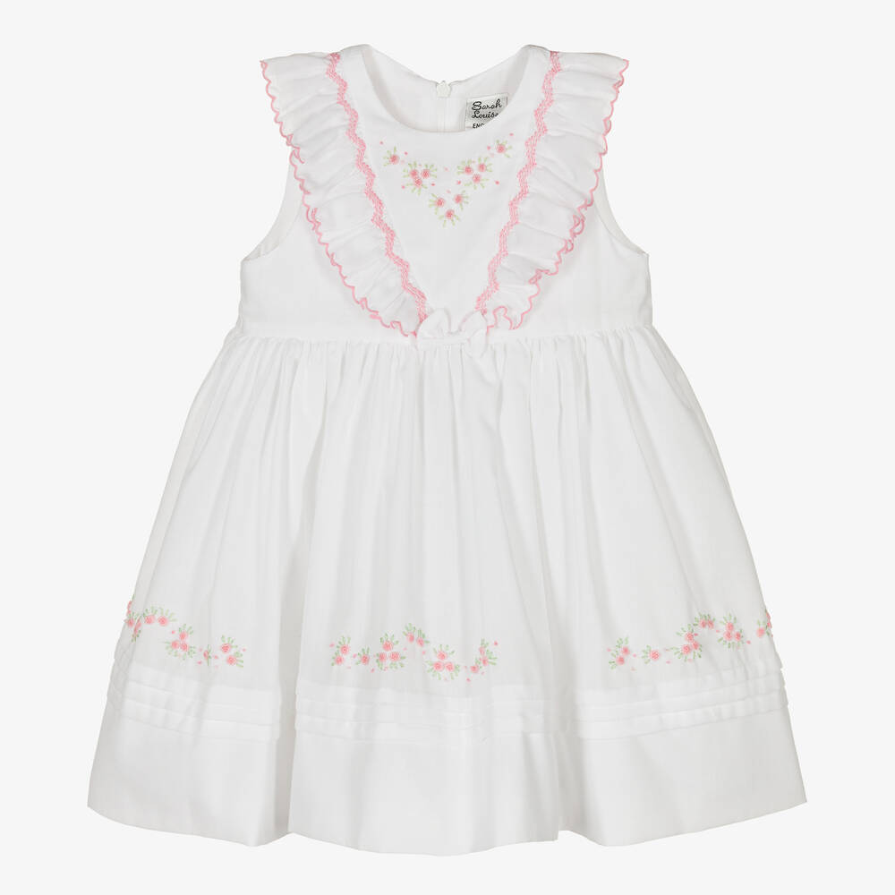 Sarah Louise - Girls White Cotton Hand-Smocked Dress | Childrensalon
