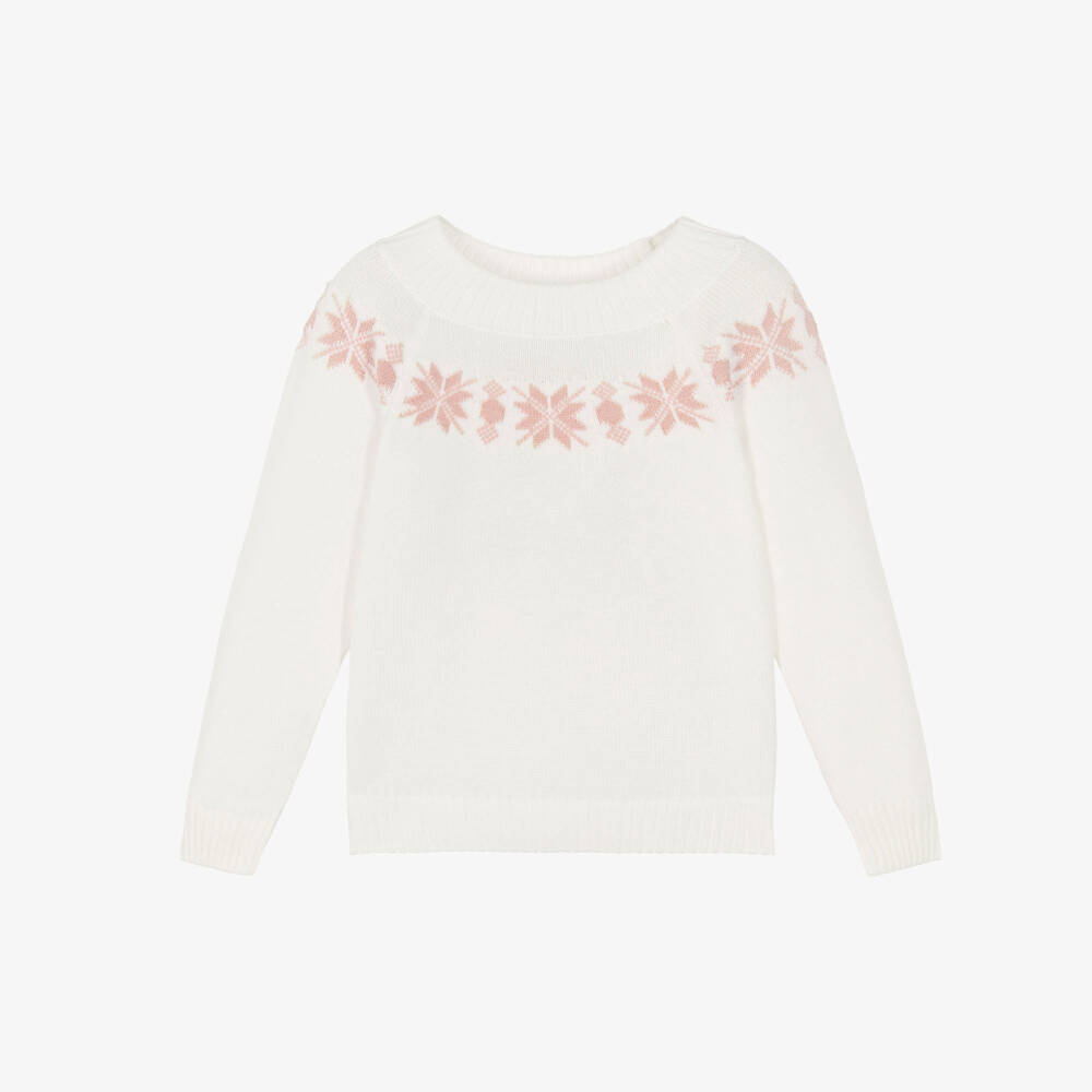 Sarah Louise-Girls White Cotton Knit Sweater with Pink Snowflakes | Childrensalon Outlet