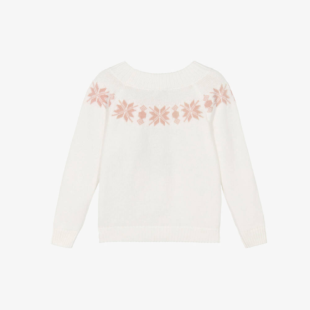 سارا لويز-Girls White Cotton Knit Sweater with Pink Snowflakes | Childrensalon Outlet
