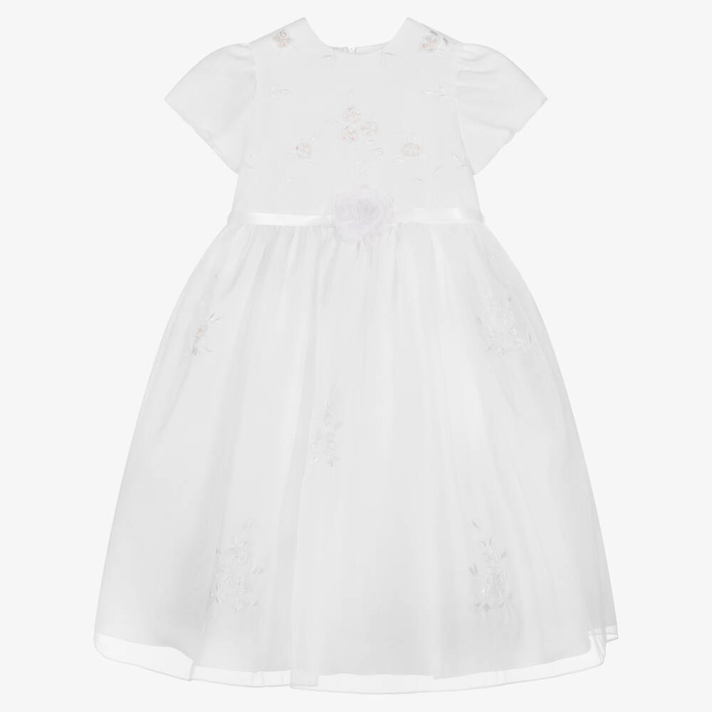 Sarah Louise - Girls White Embroidered Organza Dress | Childrensalon