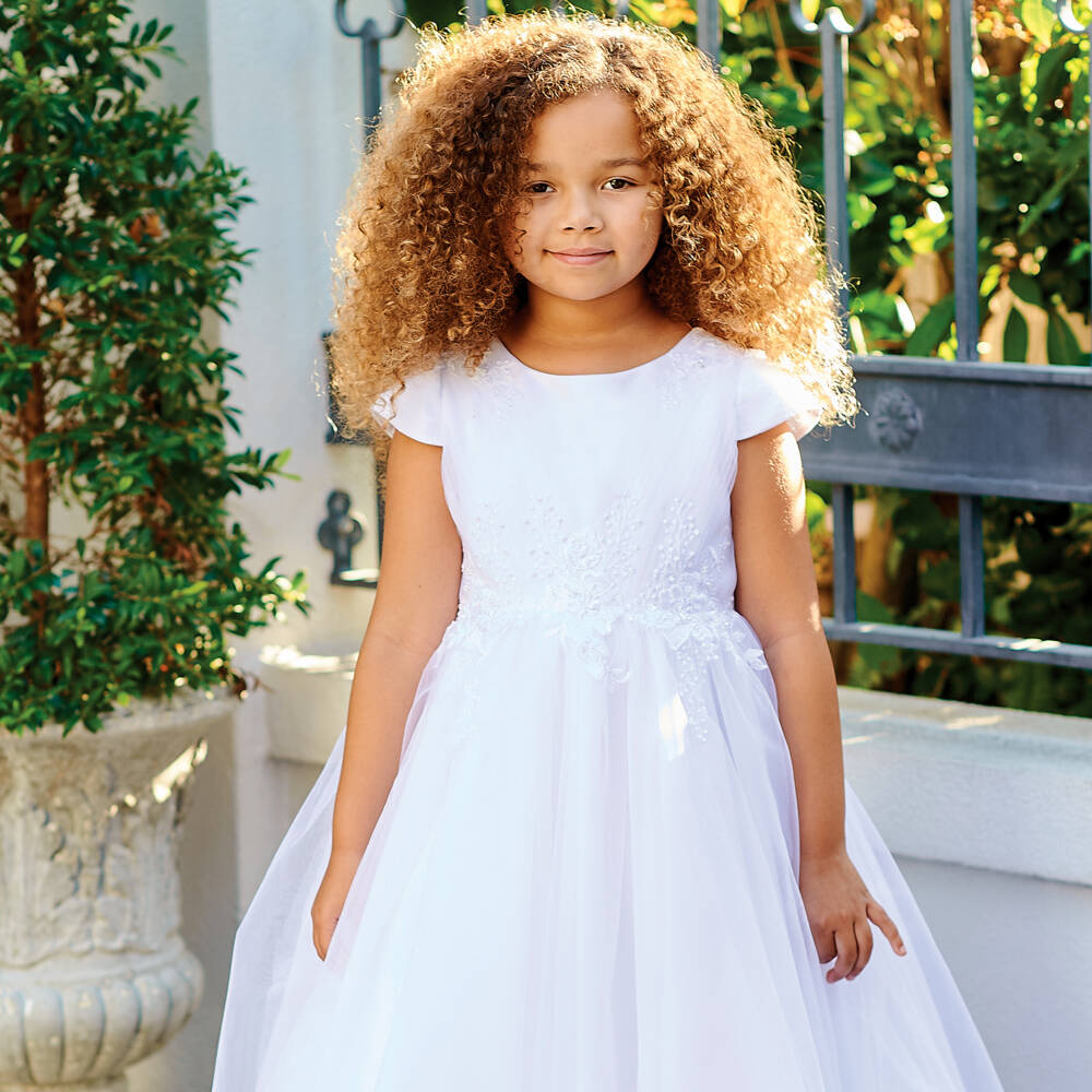 Sarah Louise-فستان تول أبيض مزين بالزهور للبنات | Childrensalon Outlet