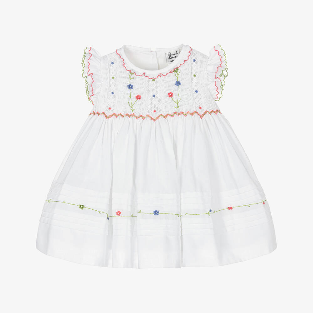 Sarah Louise-Girls White Floral Smocked Dress | Childrensalon Outlet