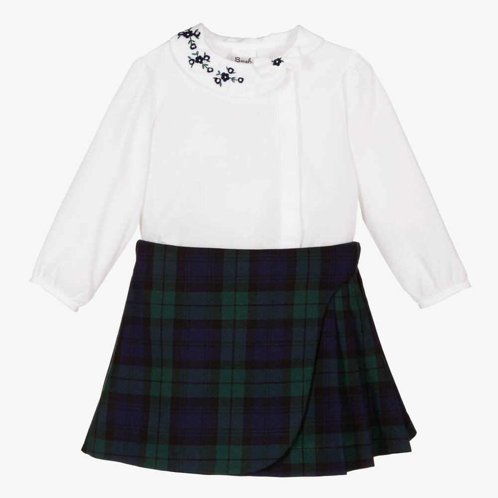 Sarah Louise - طقم تنورة قطن لون أبيض وأخضر  | Childrensalon