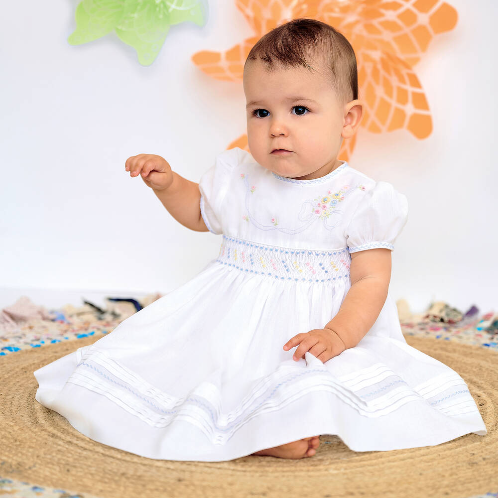 SARAH LOUISE Girls White Hand Smocked Dress