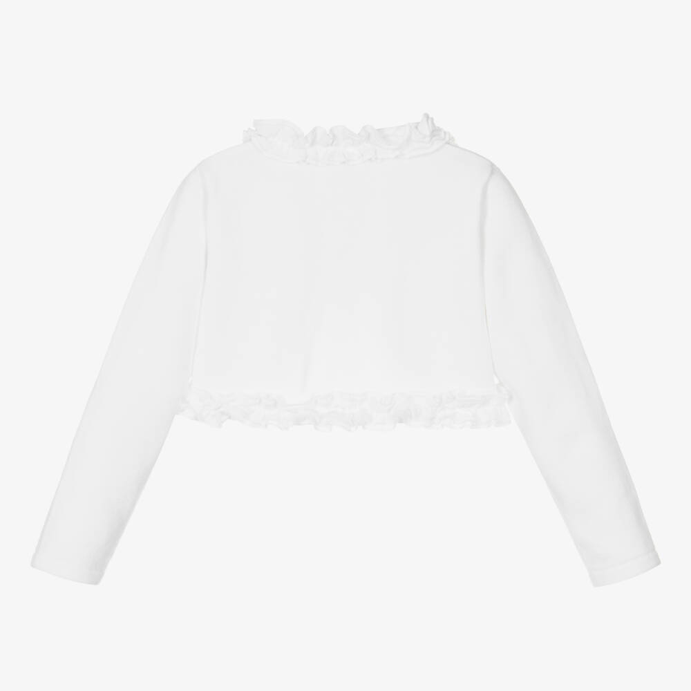 Sarah Louise-Girls White Knitted Bolero Cardigan with Ruffles | Childrensalon Outlet
