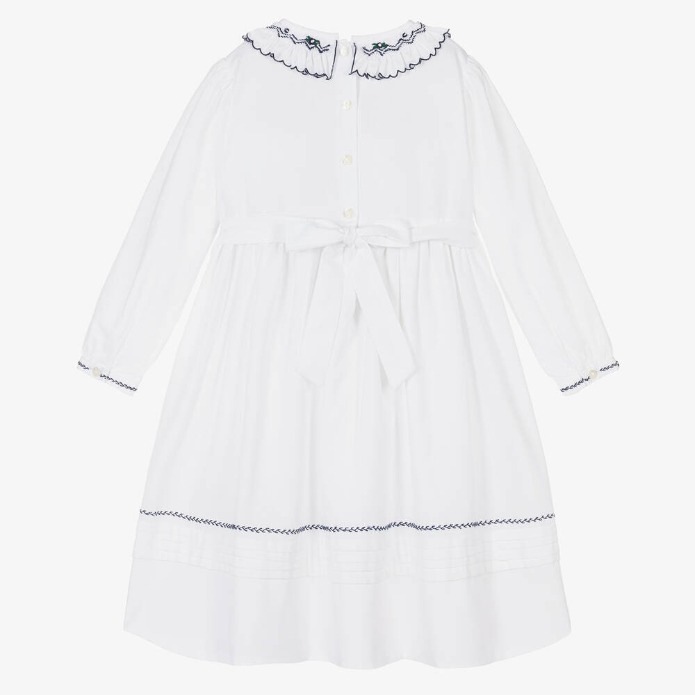 Sarah Louise-Girls White & Navy Blue Smocked Dress | Childrensalon Outlet