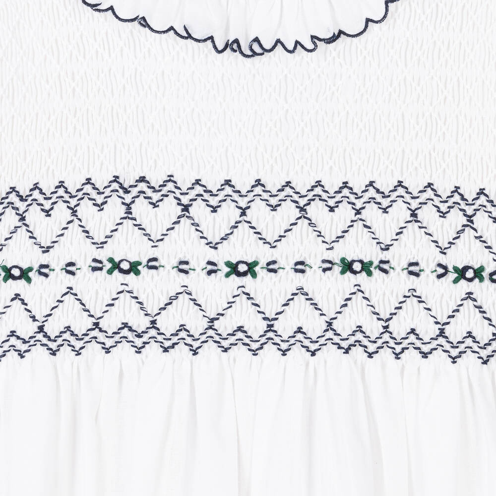 Sarah Louise-Girls White & Navy Blue Smocked Dress | Childrensalon Outlet