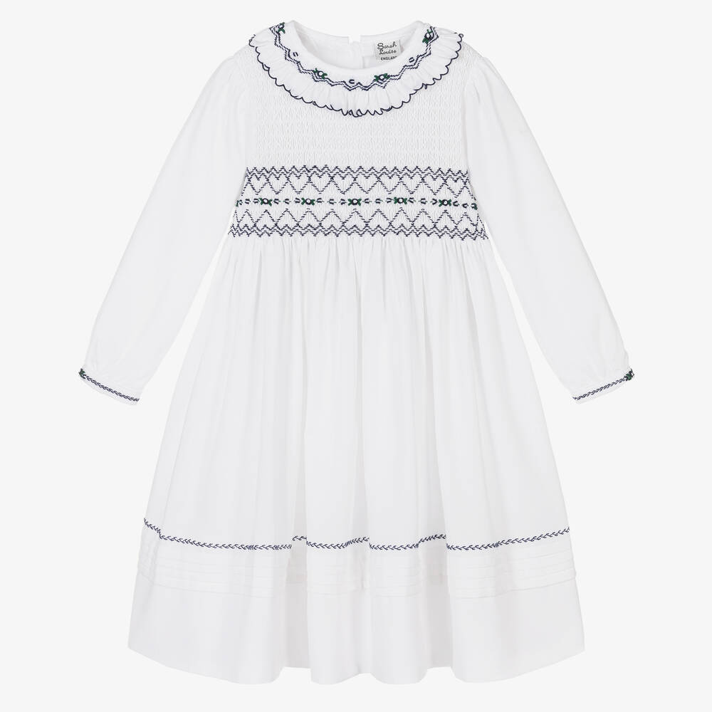 Sarah Louise - Gesmoktes Kleid Weiß/Navyblau | Childrensalon