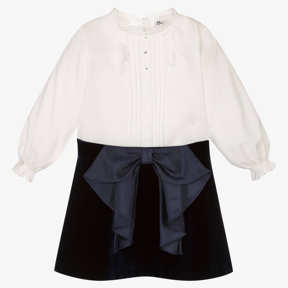 Sarah Louise - Girls White & Navy Blue Velour Skirt Set | Childrensalon