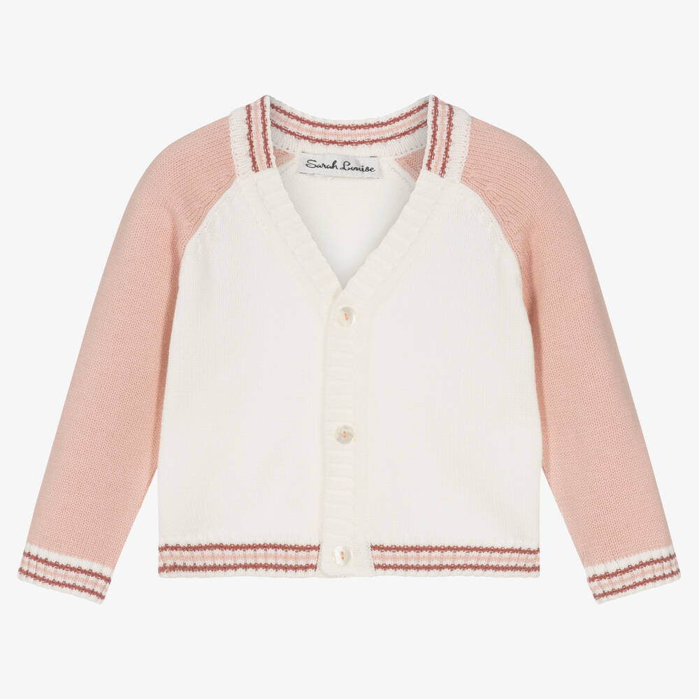 Sarah Louise - Girls White & Pink Cotton Cardigan  | Childrensalon