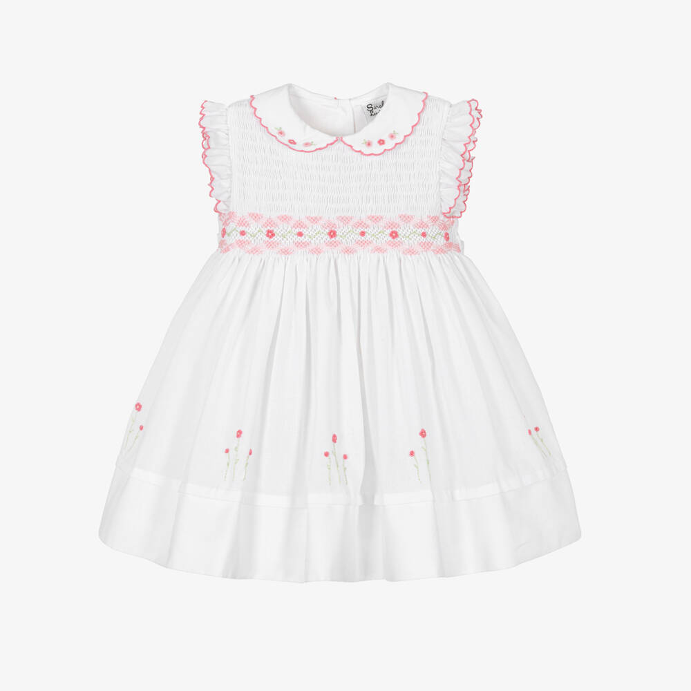 Sarah Louise-Girls White & Pink Hand-Smocked Dress | Childrensalon Outlet