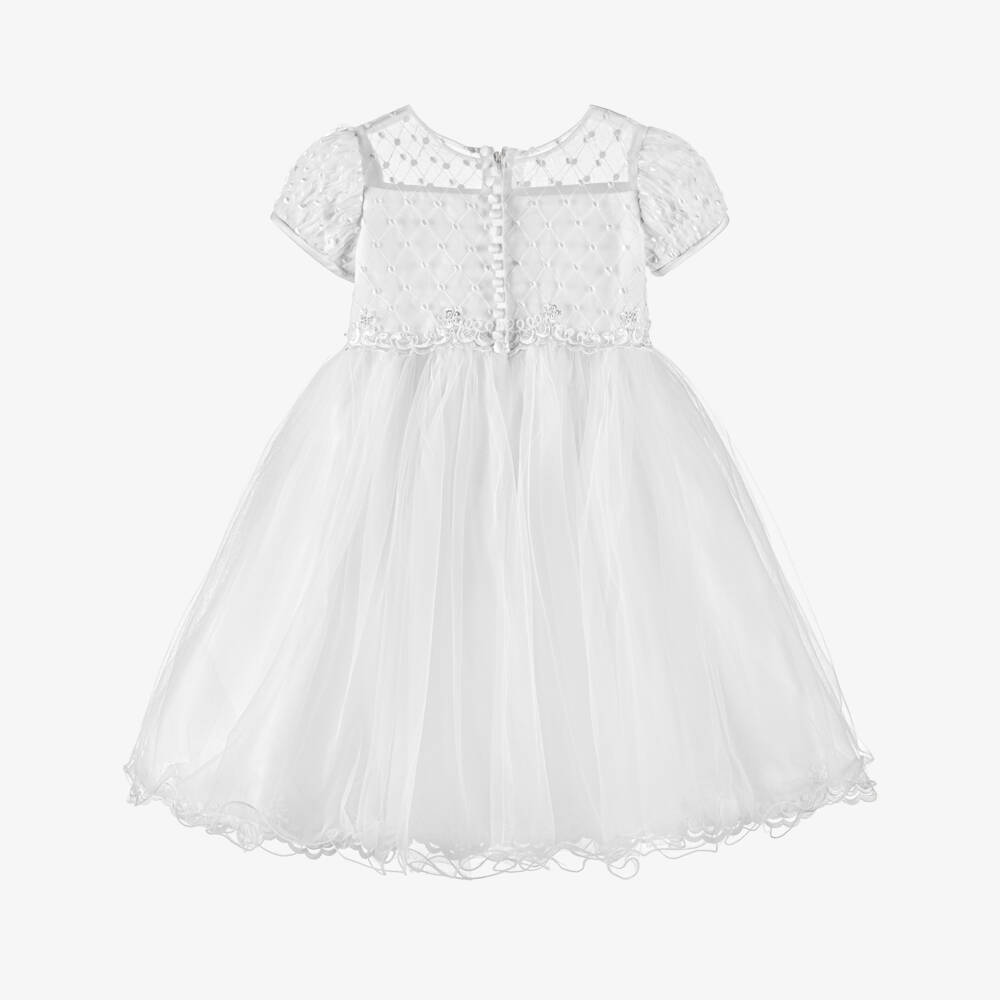 Sarah Louise-Girls White Satin & Embroidered Tulle Dress | Childrensalon Outlet