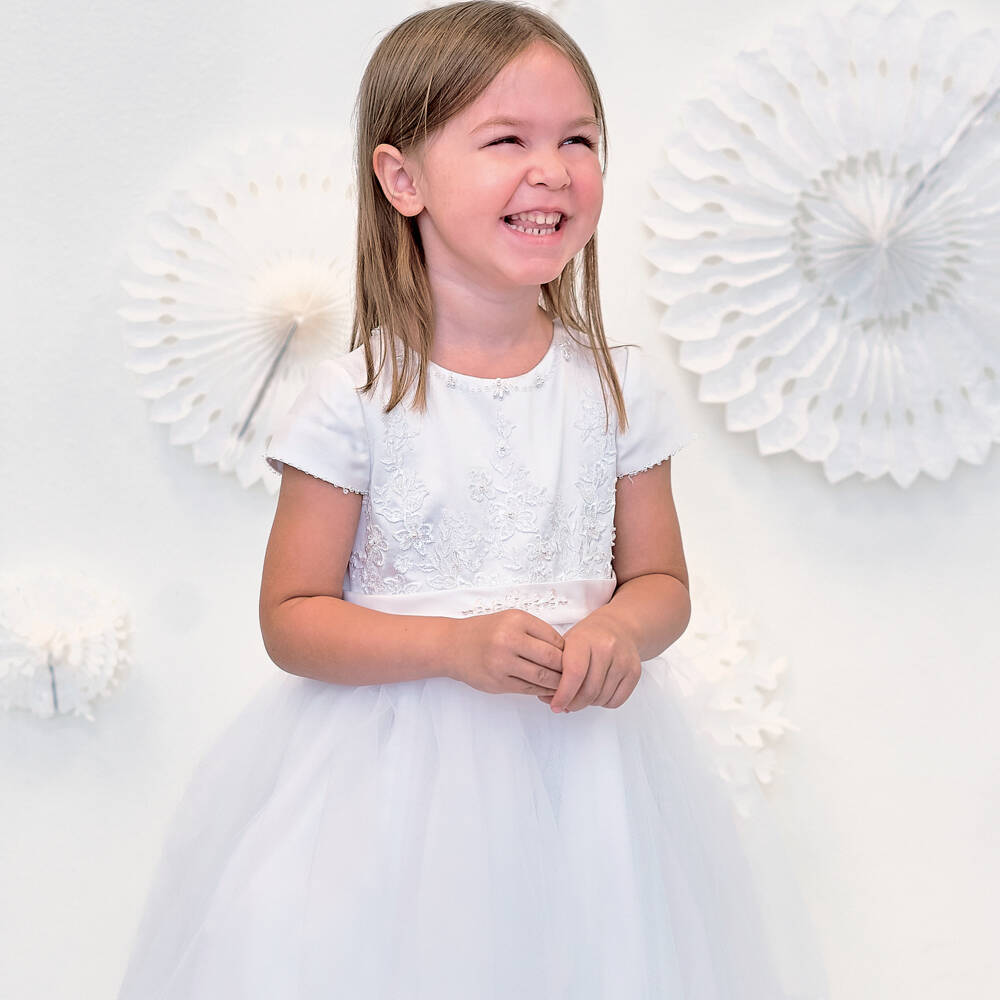 Sarah Louise-Girls White Satin & Tulle Embellished Dress | Childrensalon Outlet