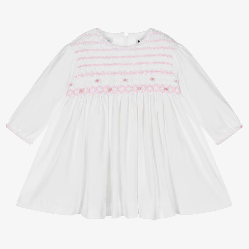 Sarah Louise - Girls White Smocked Cotton Dress  | Childrensalon