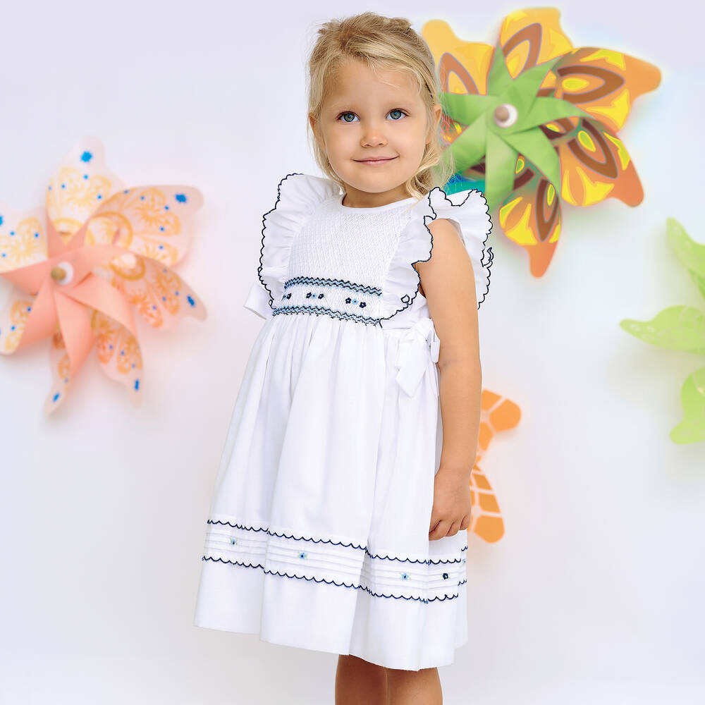 SARAH LOUISE Girls White Smocked Dress