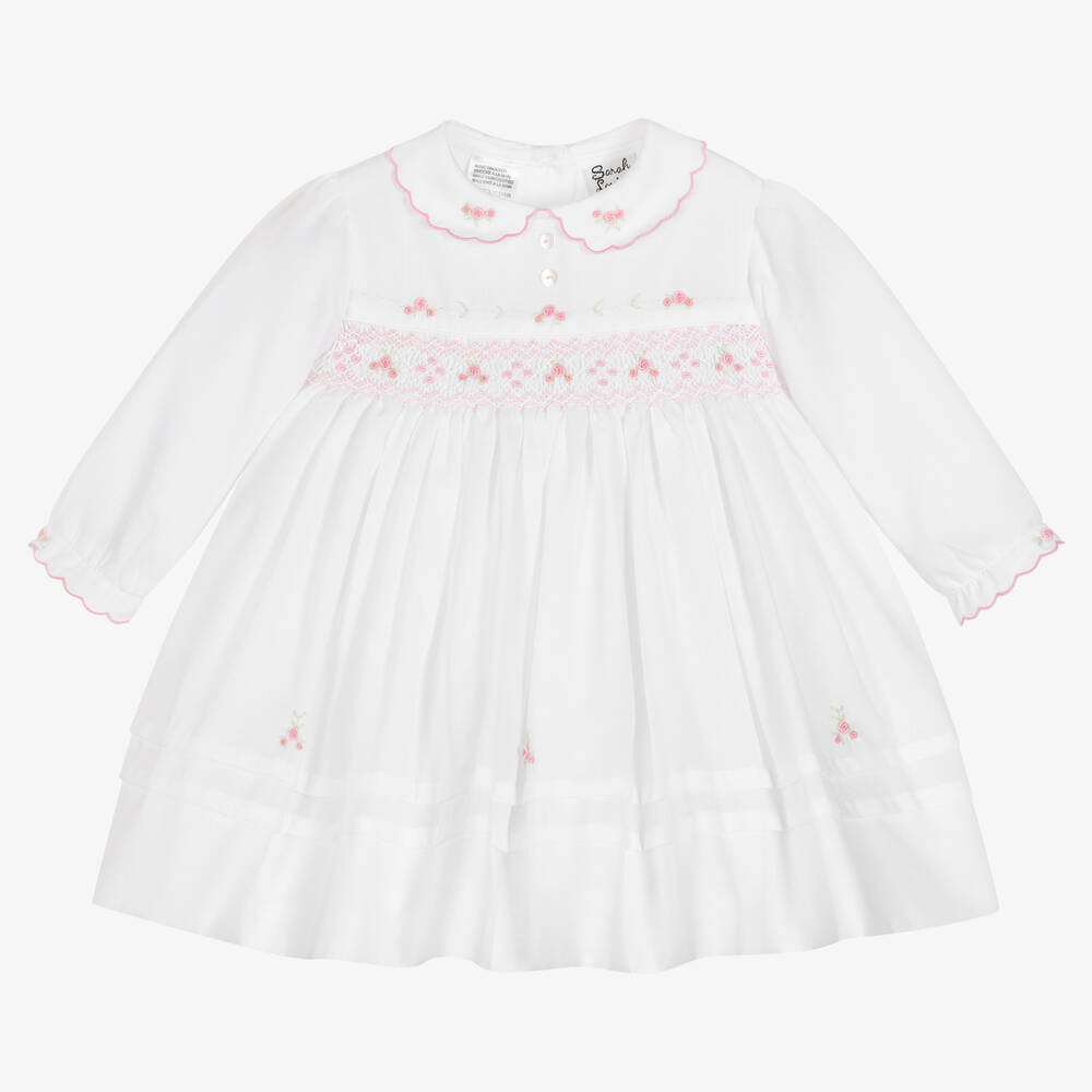 Sarah Louise - Girls White Smocked Rose Dress | Childrensalon