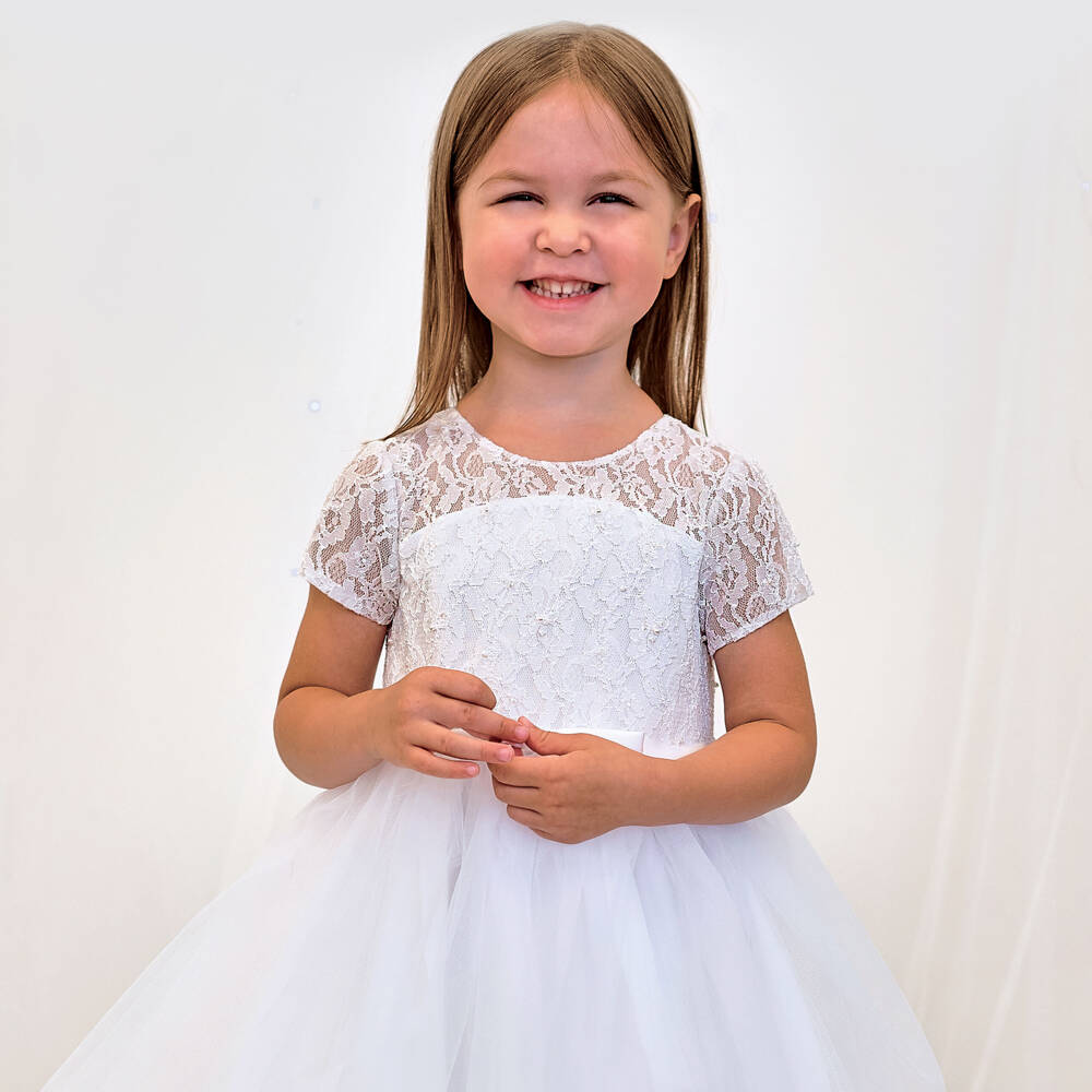Sarah Louise-Girls White Tulle Dress With Short Lace Sleeves | Childrensalon Outlet
