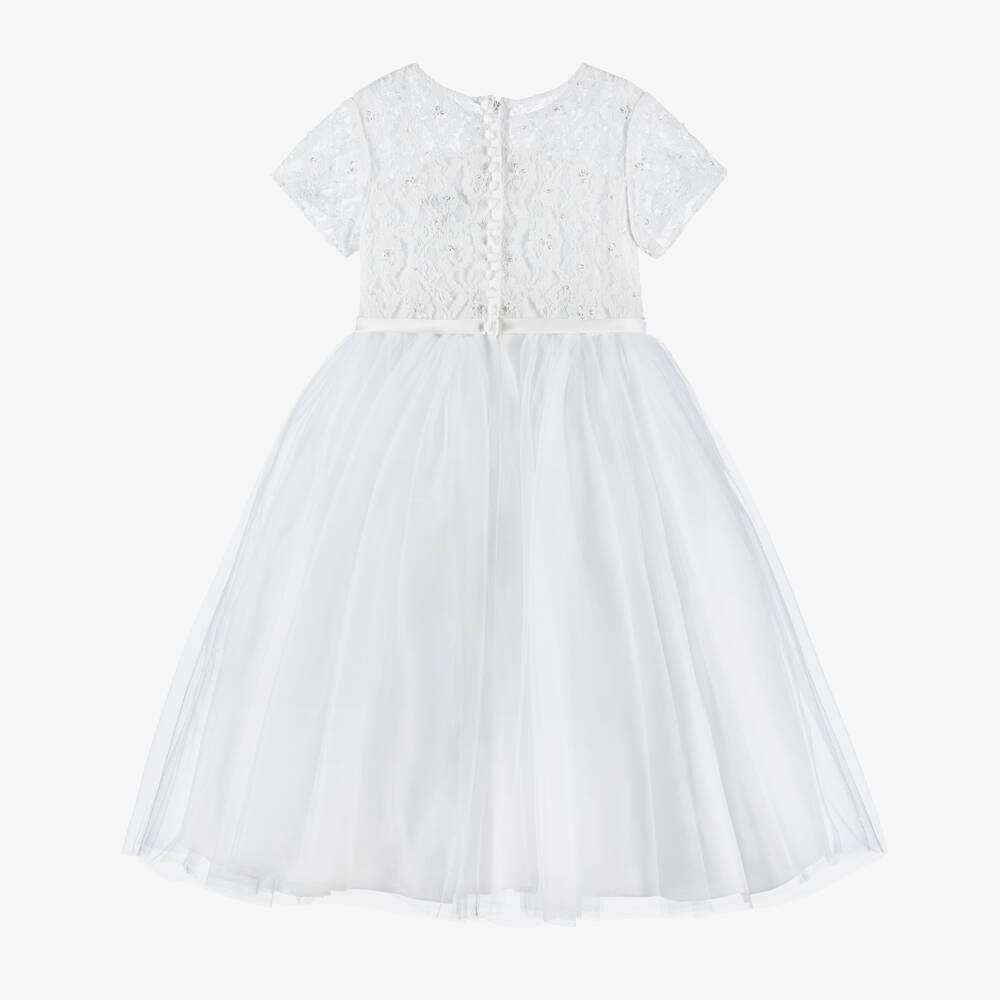 Sarah Louise-Girls White Tulle Dress With Short Lace Sleeves | Childrensalon Outlet