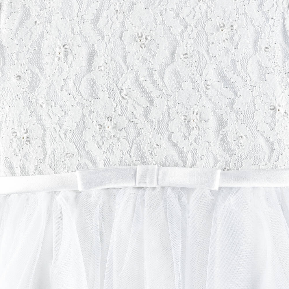 Sarah Louise-Girls White Tulle Dress With Short Lace Sleeves | Childrensalon Outlet