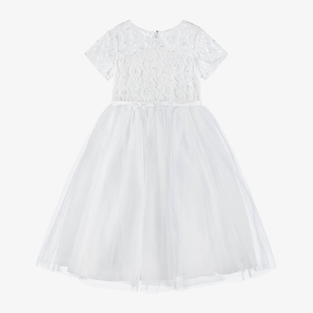 Sarah Louise-Girls White Tulle Dress With Short Lace Sleeves | Childrensalon Outlet