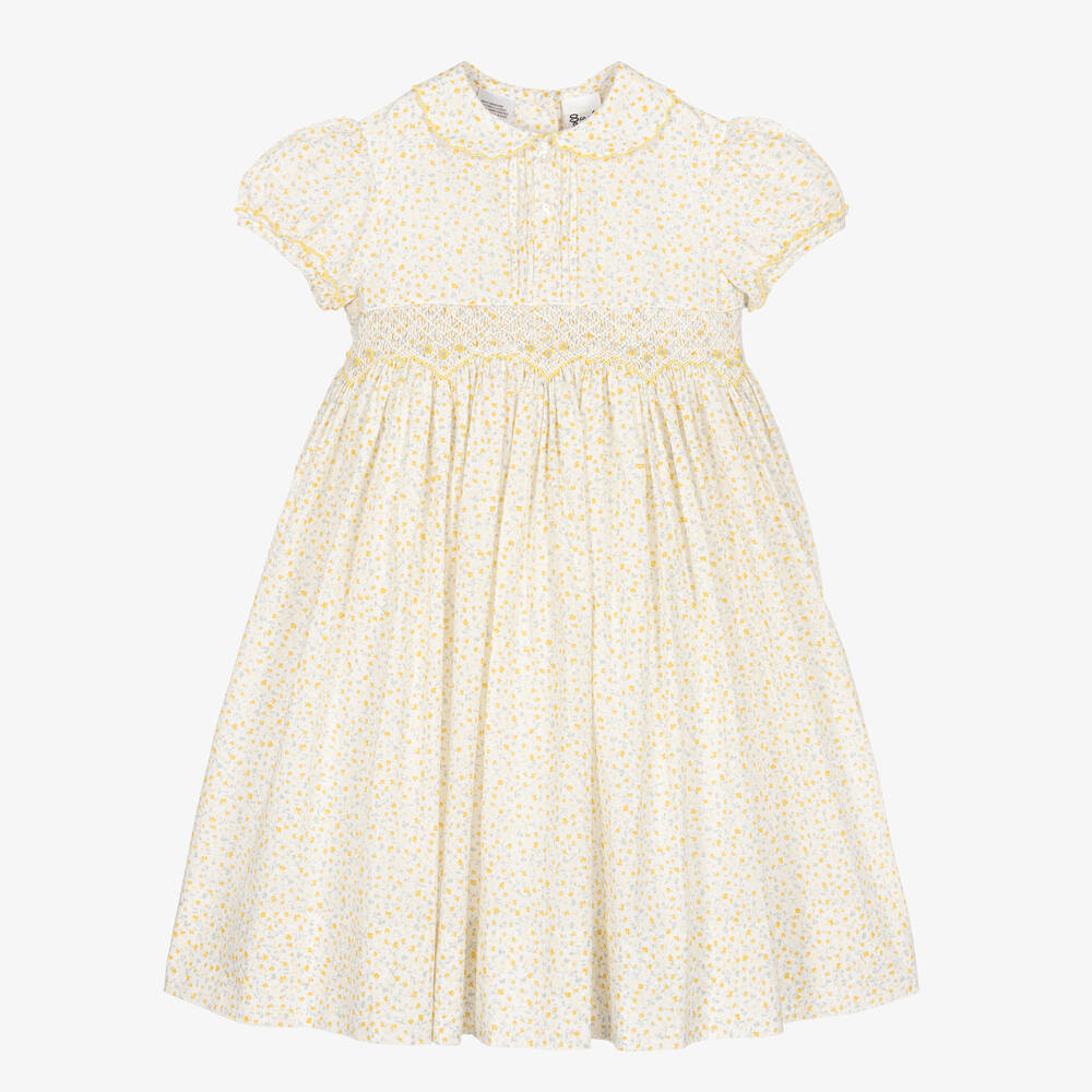 Sarah Louise - Girls Yellow Cotton Floral Smocked Dress | Childrensalon