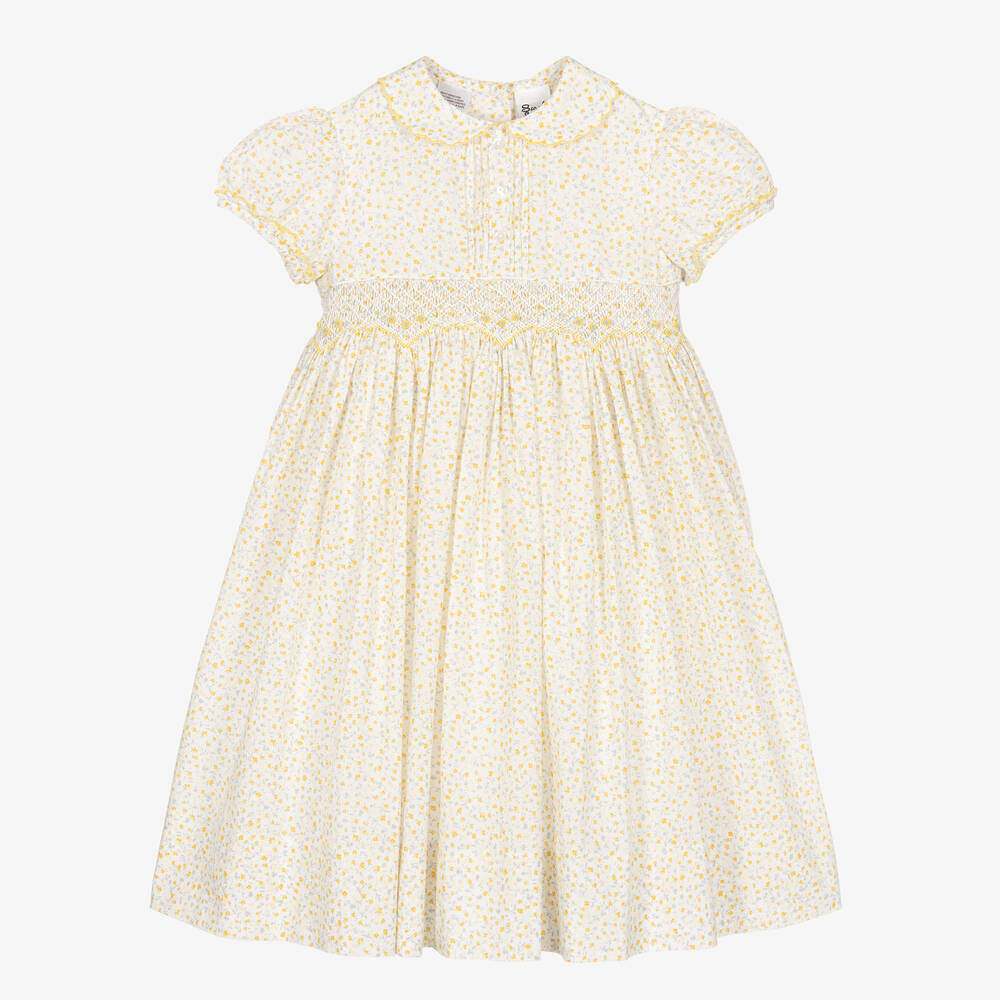 Sarah Louise - Gesmoktes Baumwoll-Blumenkleid gelb | Childrensalon