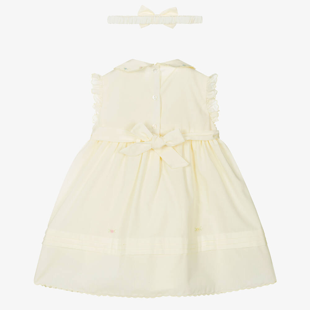 Sarah Louise-طقم فستان أطفال بناتي تطريزسموك مزيج قطن وكتان لون أصفر | Childrensalon Outlet
