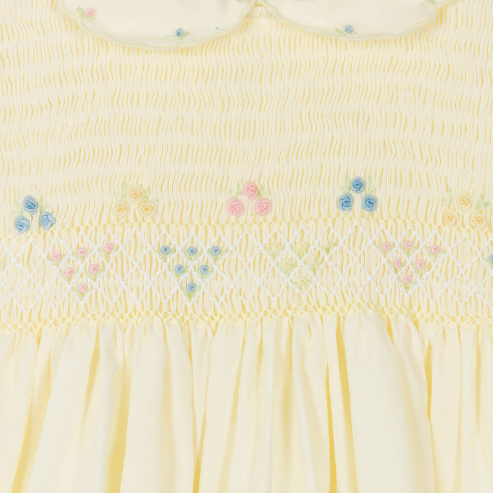 Sarah Louise-طقم فستان أطفال بناتي تطريزسموك مزيج قطن وكتان لون أصفر | Childrensalon Outlet