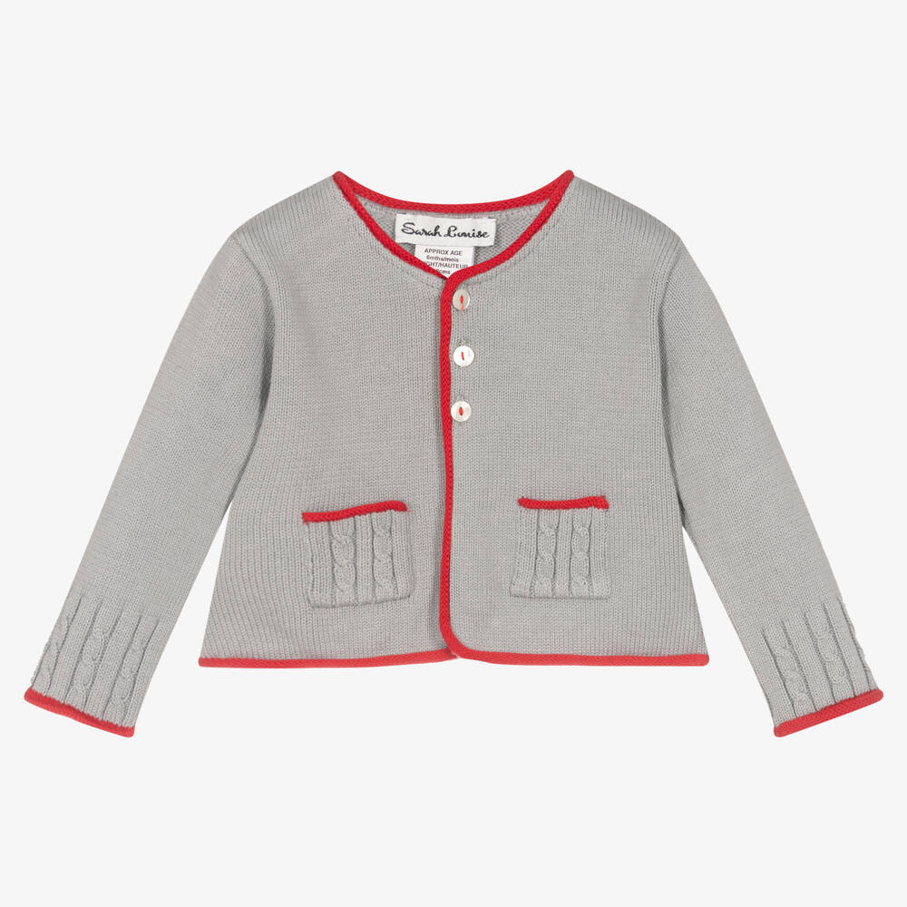 Sarah Louise - Grey & Red Cotton Cardigan | Childrensalon