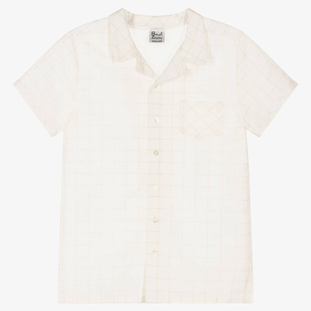 Sarah Louise - Ivory & Beige Check Linen Shirt | Childrensalon