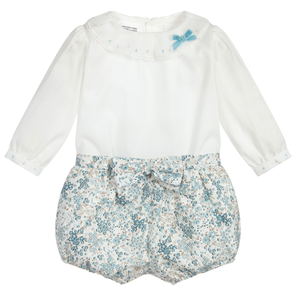 Sarah Louise - Хлопковый комплект с шортами цвета слоновой кости и голубого цвета | Childrensalon