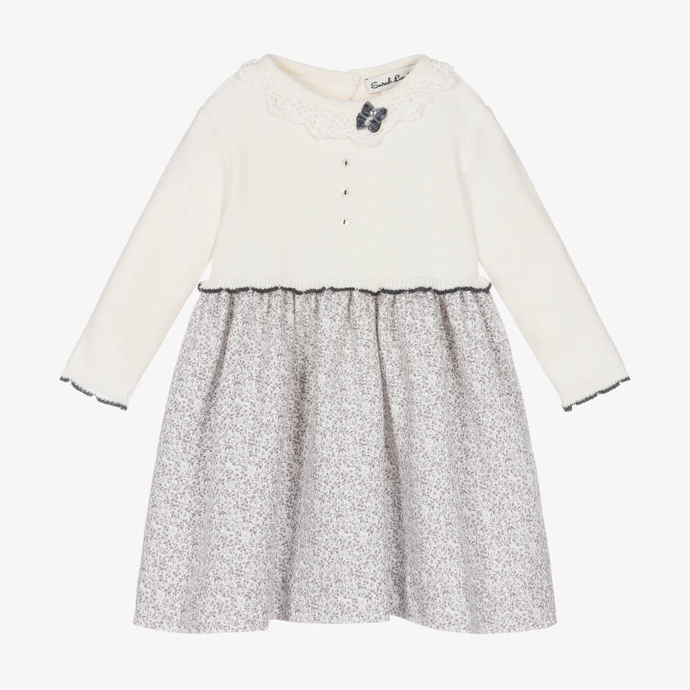 Sarah Louise - Ivory & Grey Floral Cotton Dress | Childrensalon