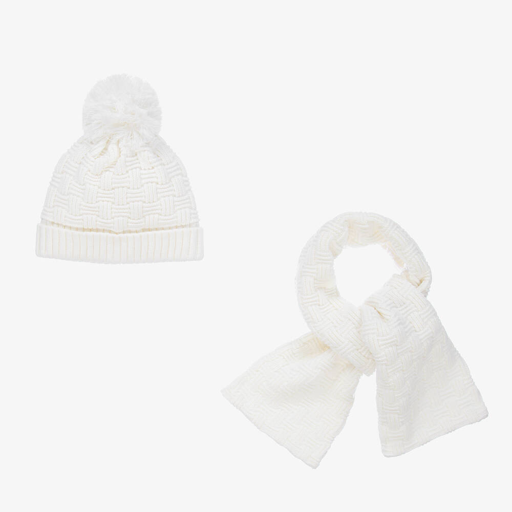 Sarah Louise - Elfenbeinfarbenes Strickmütze & Schal Set (B) | Childrensalon