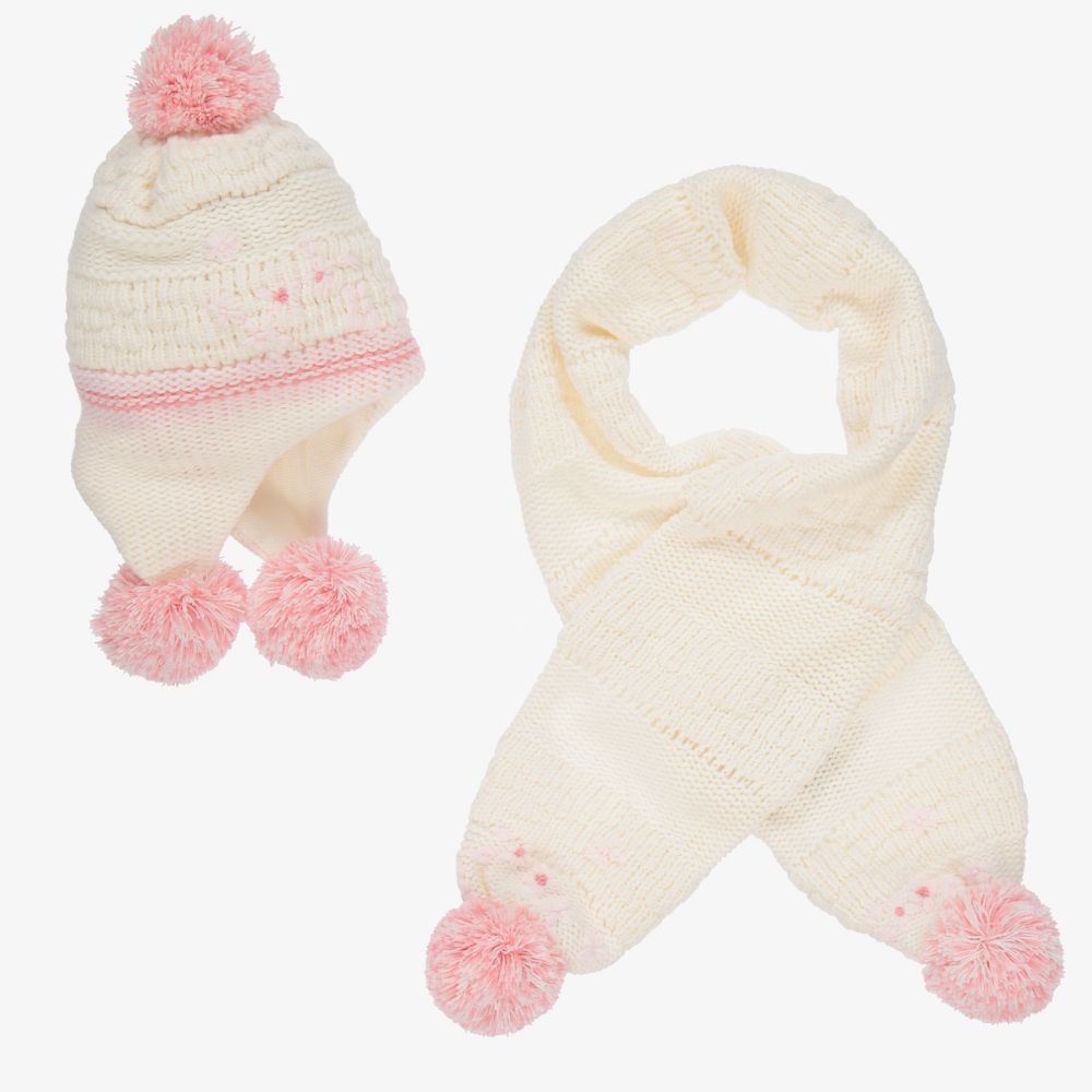 Sarah Louise - Ivory & Pink Knitted Hat Set | Childrensalon