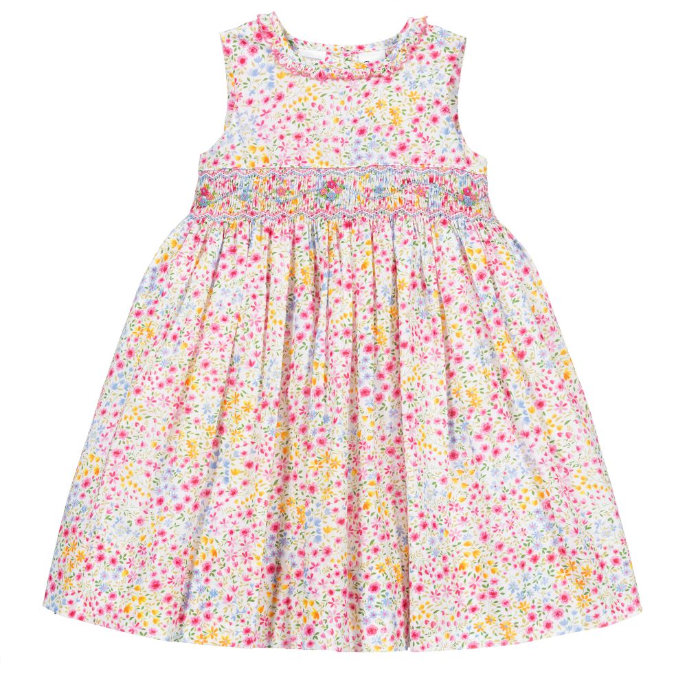 Sarah Louise - Rosa geblümtes, gesmoktes Kleid | Childrensalon