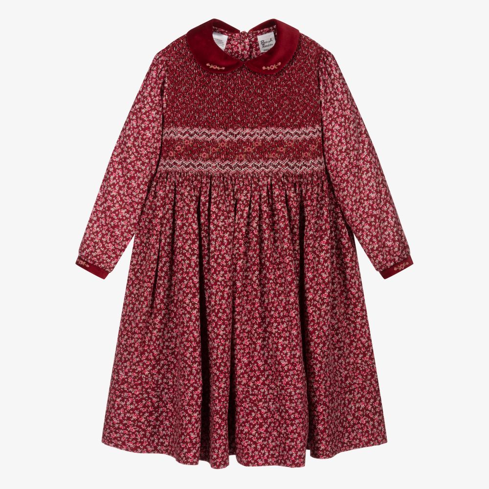 Sarah Louise - Rotes, handgesmoktes Kleid mit Blumenmuster  | Childrensalon