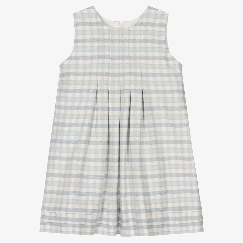 Sarah Louise - White & Blue Check Cotton Dress | Childrensalon