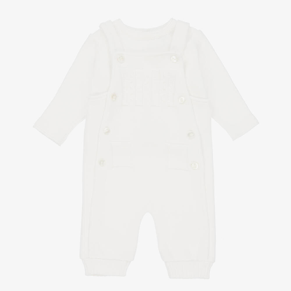 Sarah Louise - White Knitted Baby Dungaree Set | Childrensalon