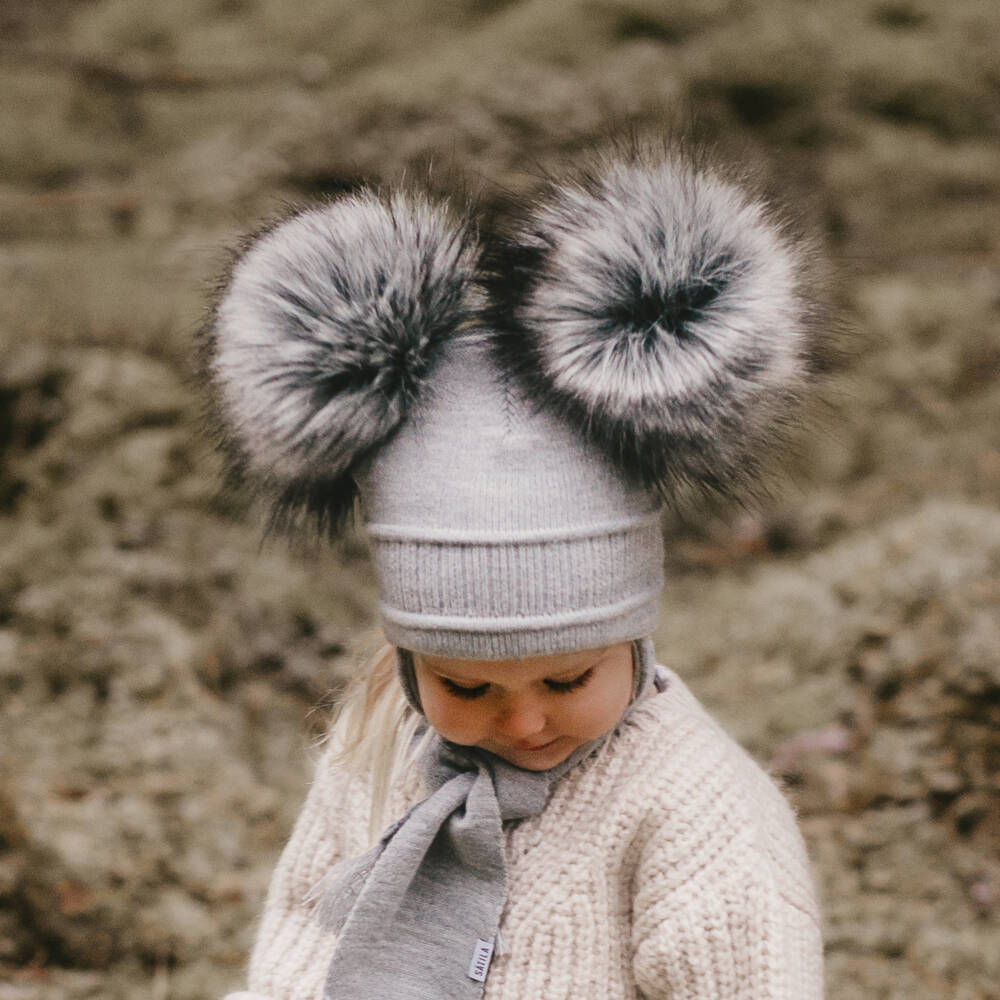 Sätila of Sweden-Grey Tindra Double Pom-Pom Hat | Childrensalon Outlet