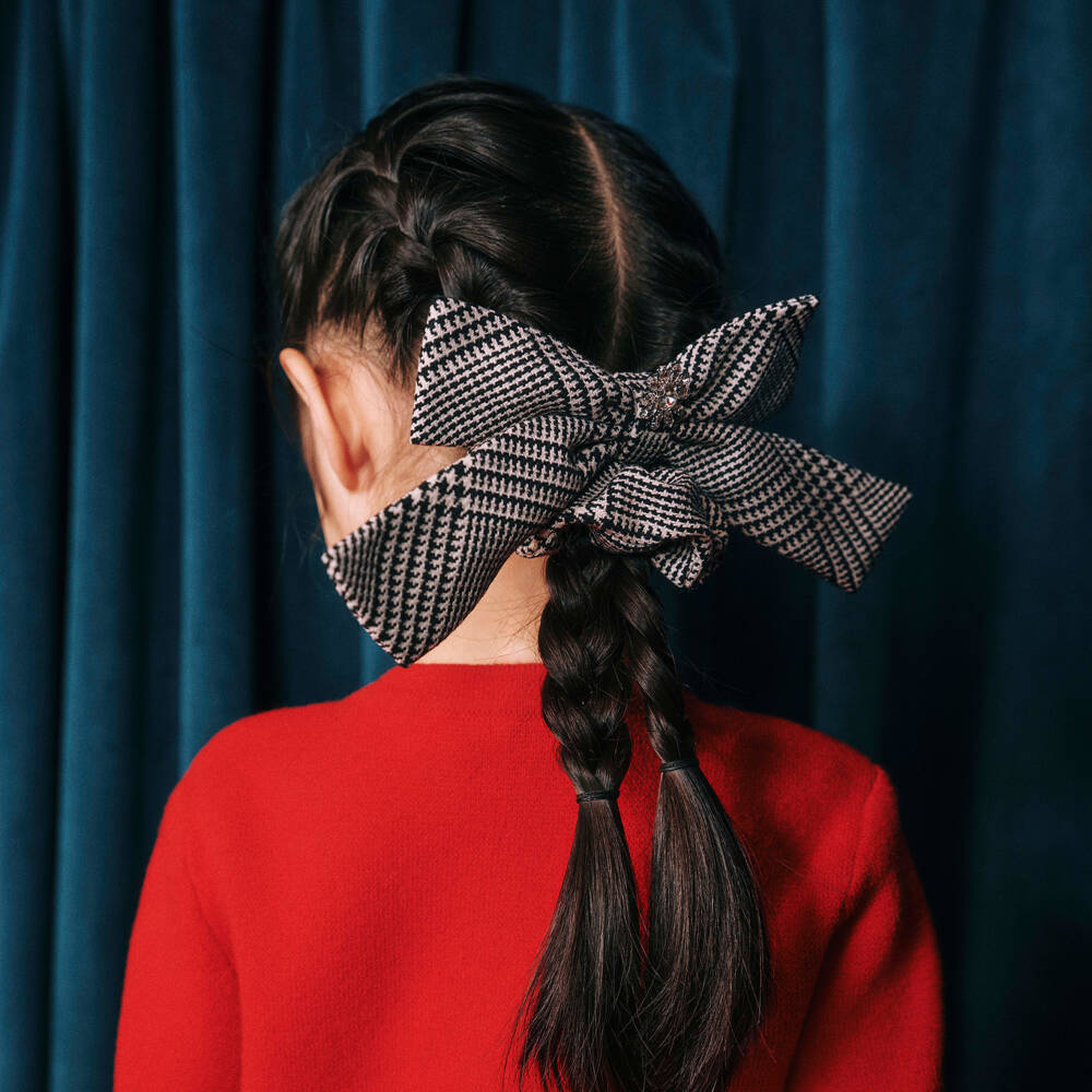 Self-Portrait-Girls Black & Beige Houndstooth Check Hair Scrunchie (23cm) | Childrensalon Outlet